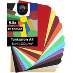 OfficeTree 54 x Tonkarton A4 Bunt - 220g Bastelkarton Bunt - 10 Farben - Bunte Pappe zum Basteln und Gestalten - Plus 2 Gold- und 2 Silberbögen