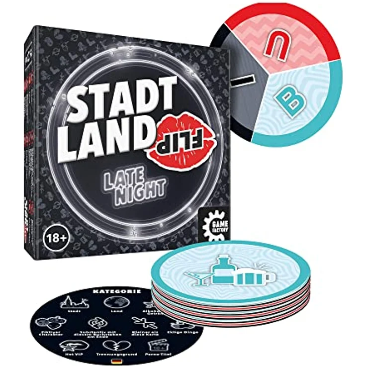 Game Factory 646311 Stadt Land Flip Late Night, das superschnelle Wortspiel für Erwachsene, für 2-6 Spieler ab 18 Jahren, Reisespiel in der praktischen Kartonbox – Bild 2