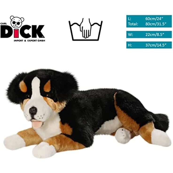 Carl Dick Berner Sennenhund liegend, Plüschtier ca. 60cm, schwarz/braun/weiß mit braunen Sicherheitsaugen – Bild 2