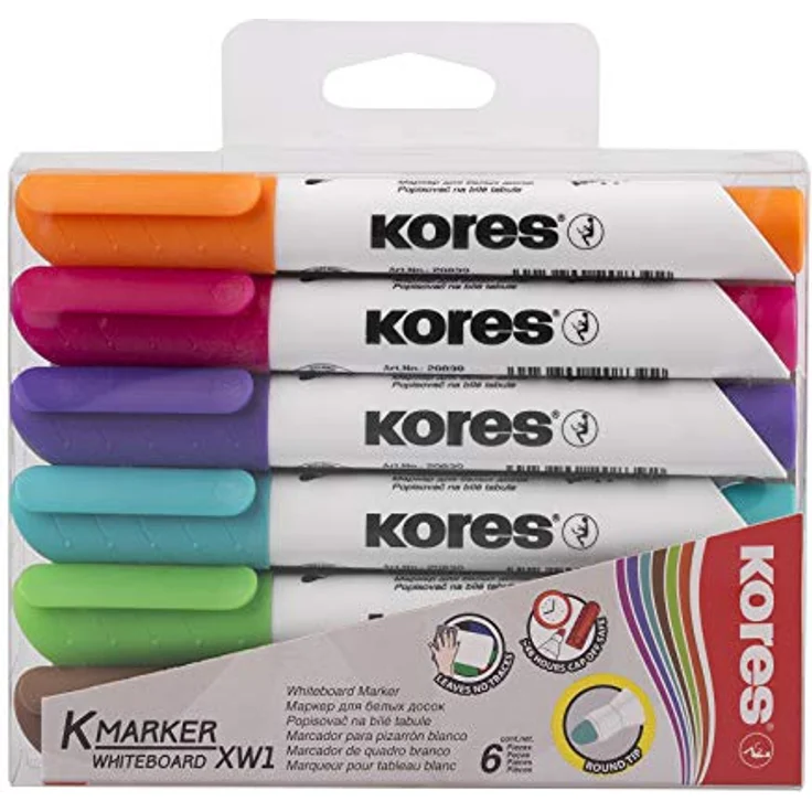 KORES Whiteboardmarker M20802, Set mit 6 Farben (pink, violett, türkis, braun, hellgrün, orange), 3mm Rundspitze, schnell trocknende Tinte, rückstandslos entfernbar – Bild 1