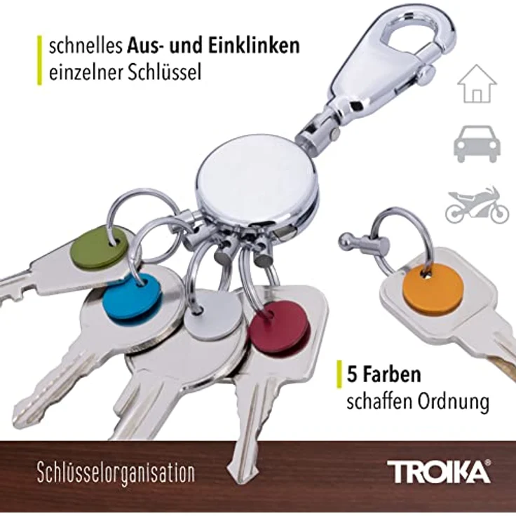 TROIKA PATENT SCHLÜSSELHALTER KYR61/CH, glänzender Schlüsselanhänger mit Karabinerhaken, 6 ausklinkbaren Ringen und farbigen Plättchen zur Schlüsselzuordnung – Bild 4