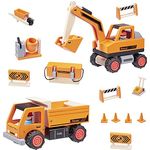 howa Baustelle mit Bagger, Kipper und 12 TLG. Zubehör aus Holz 15900, Spielzeugautos orange/graue Lackierung