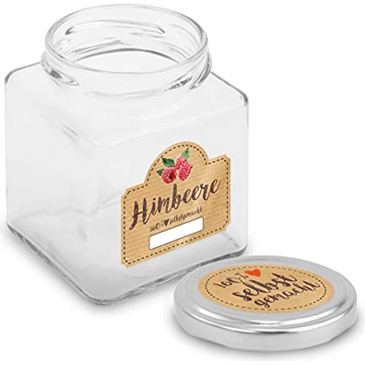 itenga Marmeladen Etikett HIMBEERE, selbstklebende Aufkleber aus braunem Haftpapier, Set mit 10 runden (Durchmesser 4 cm) und 10 rechteckigen (Maße 4,5 x 3,8 cm) Stickern, 100% selbstgemacht, beschriftbar für Einmachgläser und Geschenke – Bild 3