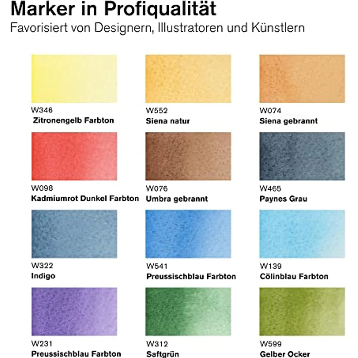 Winsor & Newton 0290167​ ProMarker Aquarellmarker - 2 Spitzen, Pinsel- und feiner Spitze, lichtecht, hochpigmentierte Aquarellfarben für Kalligrafie, Zeichnungen, 12 Farben Set Landschaftsfarben – Bild 3