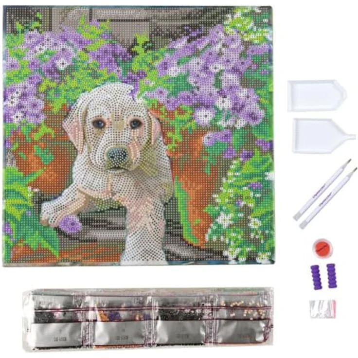 CRYSTAL ART Gerahmtes Set Blumenwelpe, 30 x 30 cm, Diamant-Malerei für Kinder ab 8 Jahren, selbstklebende Designvorlage – Bild 4