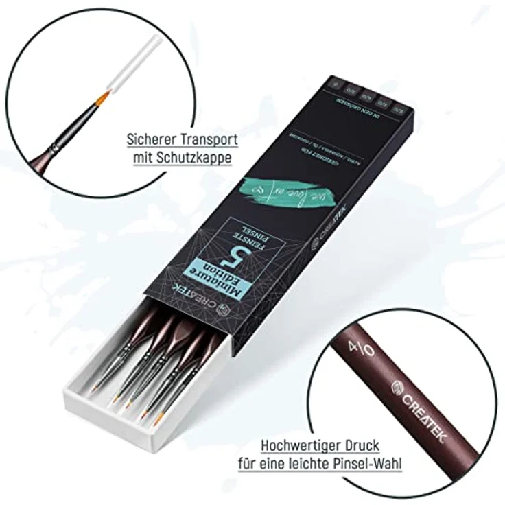 CreaTek Pinselset - 5 extra feine Detailpinsel für Acryl, Aquarell und Ölfarben | Höchste Präzision mit ergonomischem Griff und langlebigem By-Nylon Synthetikhaar – Bild 3