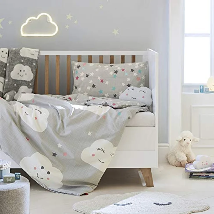 s.Oliver Kinderbettwäsche Wolke 100x135 cm - 100% Baumwolle, praktischer Reißverschluss & maschinenwaschbar, Bettwäsche für Kinder 2tlg. Wölkchen & Sterne grau – Bild 2