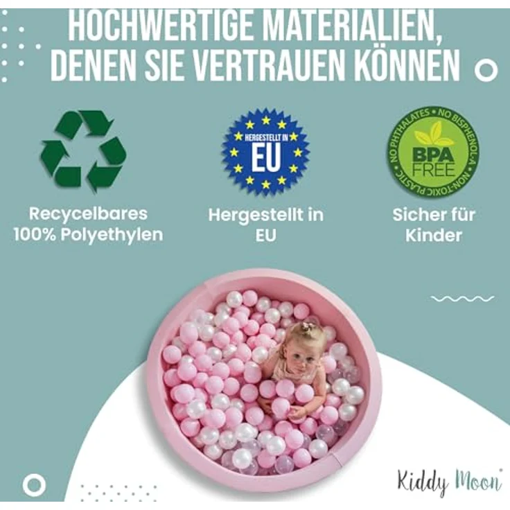 KiddyMoon Bällebad Bälle, 700 Einfarbige Kunststoffbälle Ø 7 cm in Pastellbeige/Lachsfarben/Weiß, BPA frei, Made in EU – Bild 4