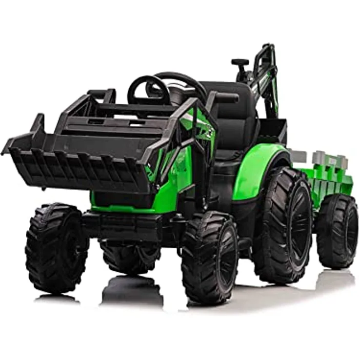 RIRICAR Elektrotraktor TOP-Worker 12V, Einsitzer mit Schöpfkellen und Anhänger, grün, weicher PU-Sitz, MP3-Player mit USB-Eingang, Heckantrieb, 2 x 45W Motor, EVA-Räder, 12V / 10Ah Batterie