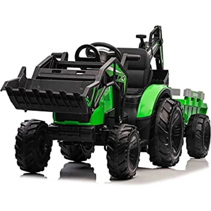 RIRICAR Elektrotraktor TOP-Worker 12V, Einsitzer mit Schöpfkellen und Anhänger, grün, weicher PU-Sitz, MP3-Player mit USB-Eingang, Heckantrieb, 2 x 45W Motor, EVA-Räder, 12V / 10Ah Batterie – Bild 1