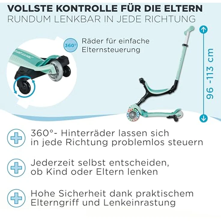 Globber Go-Up Active Lights 360, 3-in-1 Scooter für Kinder, faltbar mit LED-Beleuchtung, höhenverstellbarem Sitz und Lenker, blau – Bild 4