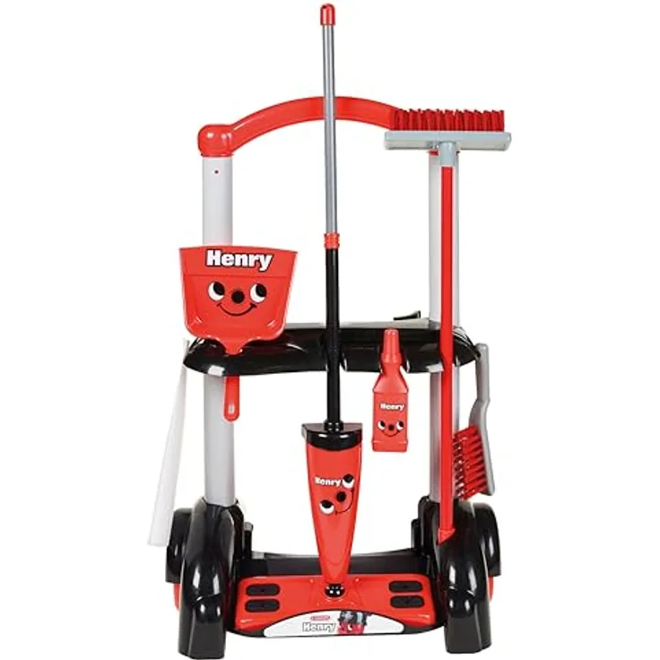 Casdon Henry Putzwagen Spielzeug, rotes Kinder-Reinigungswagen-Set mit Mopp, Besen und Kehrschaufel, geeignet für Kinder ab 3 Jahren