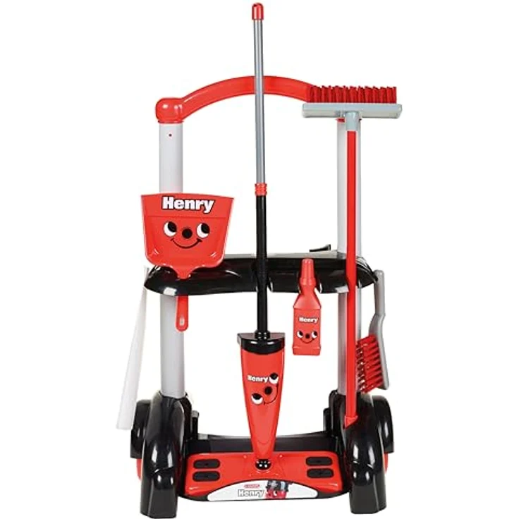 Casdon Henry Putzwagen Spielzeug, rotes Kinder-Reinigungswagen-Set mit Mopp, Besen und Kehrschaufel, geeignet für Kinder ab 3 Jahren – Bild 1