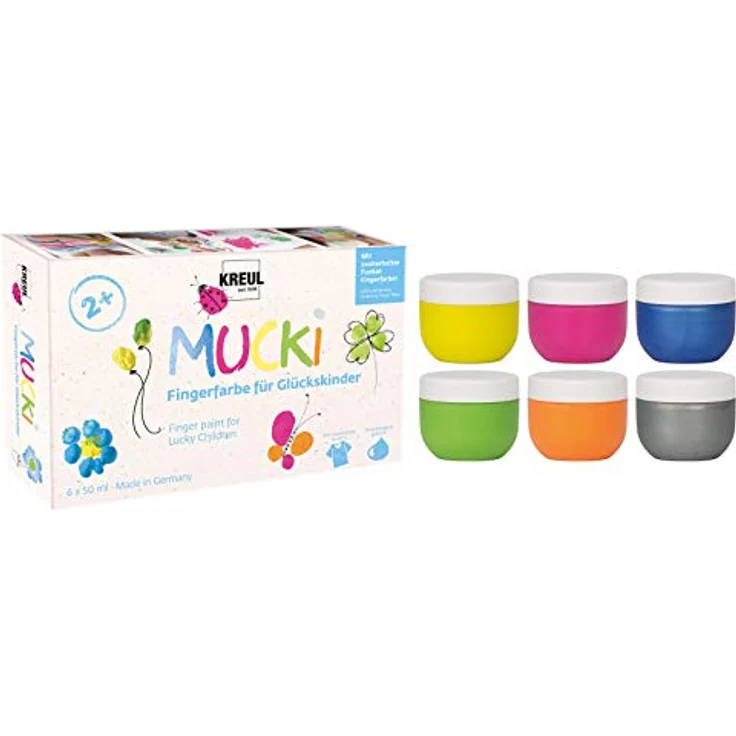 KREUL MUCKI Glückskinder Fingerfarben, 6 Farben sortiert (50 ml), wasserbasierte Malfarben für Kinder, vegan, dermatologisch getestet – Bild 2