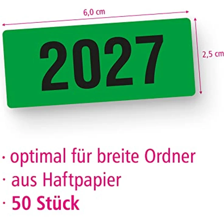 itenga 50x Jahresetiketten Ordner Inhaltsschild Jahreszahl I Aufkleber für Akten selbstklebend aus Haftpapier 6x2,5cm (Kalenderjahr 2027 grün) – Bild 3