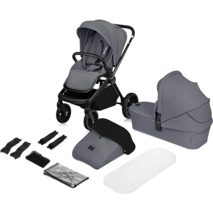 Lionelo MIKA PLUS 2-in-1 Buggy AiryDots, 360° drehbare PU-Räder, XXL-Verdeck, blau