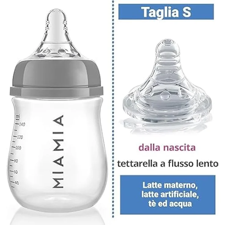 MiaMia 2x Babyflasche 140ml mit Anti Kolik Sauger Größe S - 2 kleine PP Flaschen mit Silikonsaugern - Transparent Grau – Bild 3