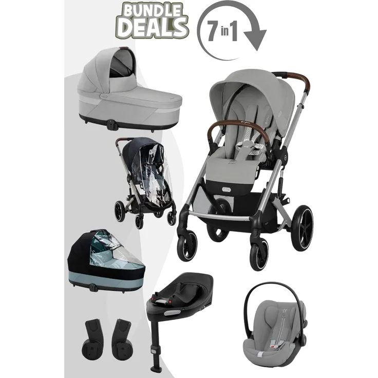 Cybex Balios S Lux 7in1 Set, Kinderwagen mit Babywanne, Babyschale Cloud G, Isofix Base G, Regenverdeck, Stone Grey