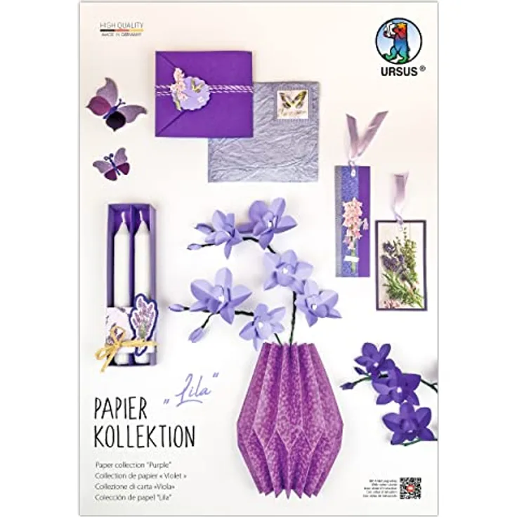 Ursus 7880099 - Papierkollektion „Lila“, mit 18 Blatt Bastelpapier in Lilatönen, dieses ist teilweise veredelt und inklusive 3D Sticker