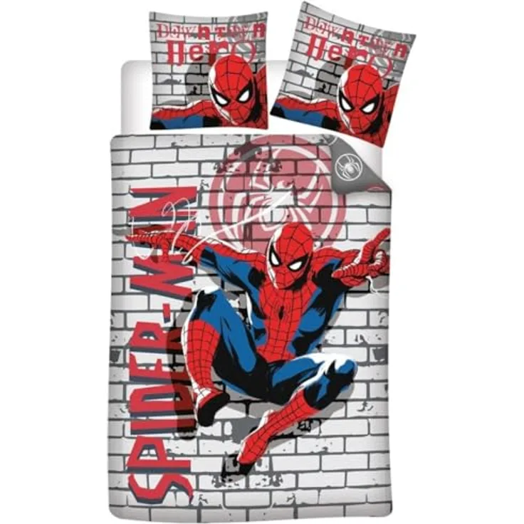 Aymax Bettwäsche Spiderman Graffiti für Einzelbett, Polyester-Baumwoll-Mischgewebe, Spider-Man Motiv, 140x200cm + 65x65cm, blau