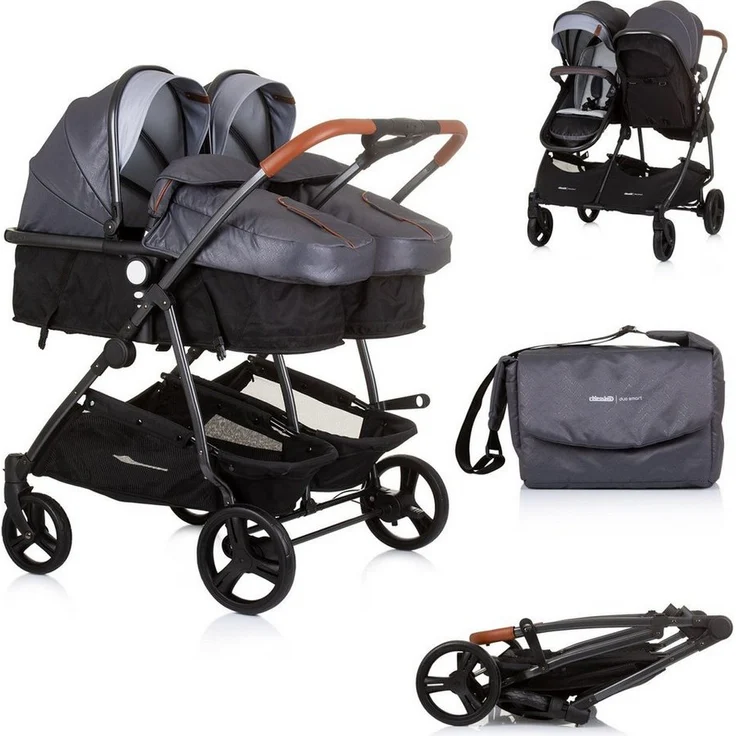 Chipolino Geschwisterwagen Geschwisterkinderwagen Duo Smart, klappbar, umbaubar, verstellbar, mit Fußsack, aluminium/schwarz – Bild 1