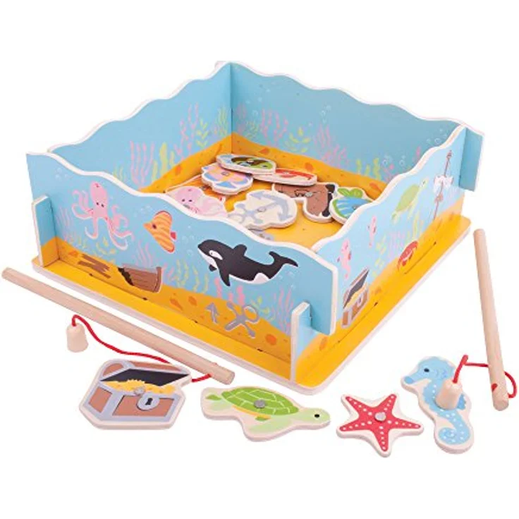 Bigjigs Toys Magnetischer Fischfänger, Holzspielzeug mit 10 Seefiguren und 2 Angelruten – Bild 3