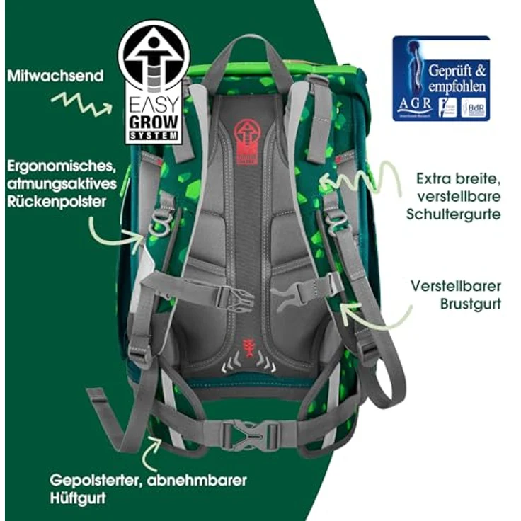 Step by Step Schulranzen-Set Space „Dino Targo“, 5-teilig, ergonomischer Tornister in grün mit Dino-Design, 20L, höhenverstellbar, mit Reflektoren und Hüftgurt für Jungen ab der 1. Klasse – Bild 4