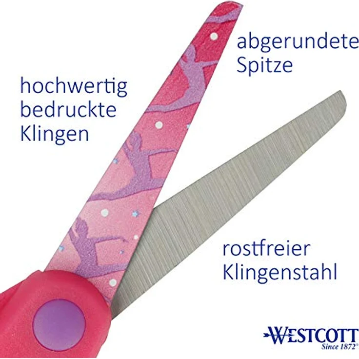 WESTCOTT Sporty Softgrip Kids, Kinderschere für Rechtshänder, rosa, ergonomischer Softgrip, rostfreie Stahlklingen mit Gymnastik-Motiv, 13 cm Länge – Bild 3