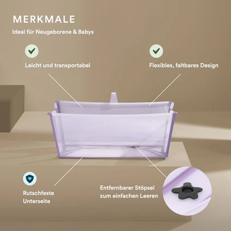 Stokke Flexi Bath Lavender, Faltbare Babybadewanne für Neugeborene bis 15 kg, leicht und transportierbar, rutschfester Boden, inklusive Newborn Support (separat erhältlich) – Bild 2