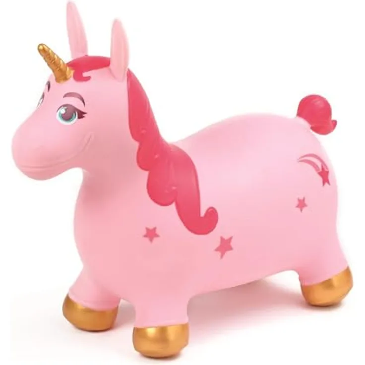 LUDI Jumping Animal Unicorn, Hüpftier in Rosa-Gold mit stabiler Kunststoffstruktur, fördert Geschicklichkeit und Motorik, 59 x 49 x 22 cm