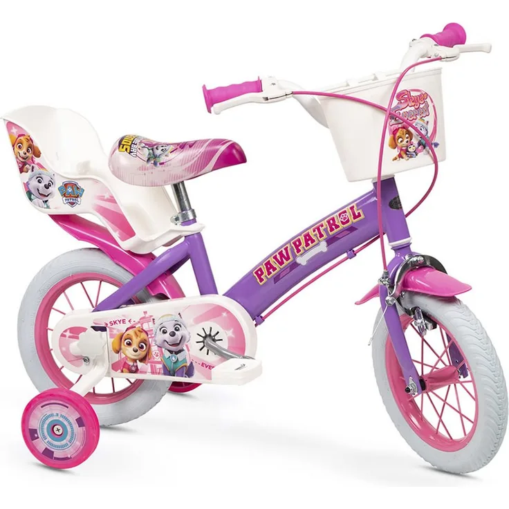 Toimsa Bikes Paw Patrol Skye Kinderfahrrad – 12/14/16 Zoll, lila, mit Stützrädern, Puppensitz, 1 Gang, Kettenschutz, Schutzbleche, Fahrradkorb