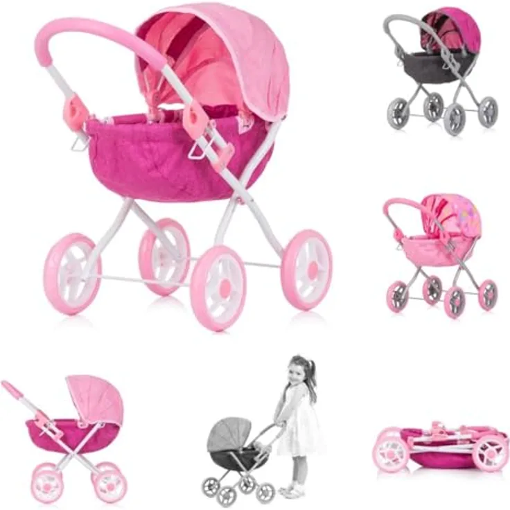 Chipolino Puppenwagen Daisy klappbar, Sonnendach, Vier große Räder, ab 3 Jahren, pink