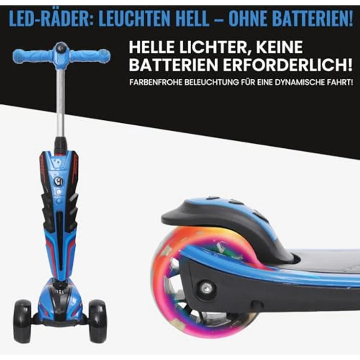 Habib Gruppe Kinderroller LED Leuchträder, 3 Rad Tretroller, klappbar, höhenverstellbar, für Mädchen & Jungen, bis 50 kg, blau – Bild 3
