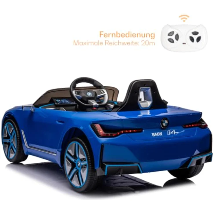 BMW i4 Kinder Elektroauto, 12V mit Fernbedienung, für 1-6 Jahre, Blau, MP3-Player, Sicherheitsgurte, Realistische Motorengeräusche – Bild 3