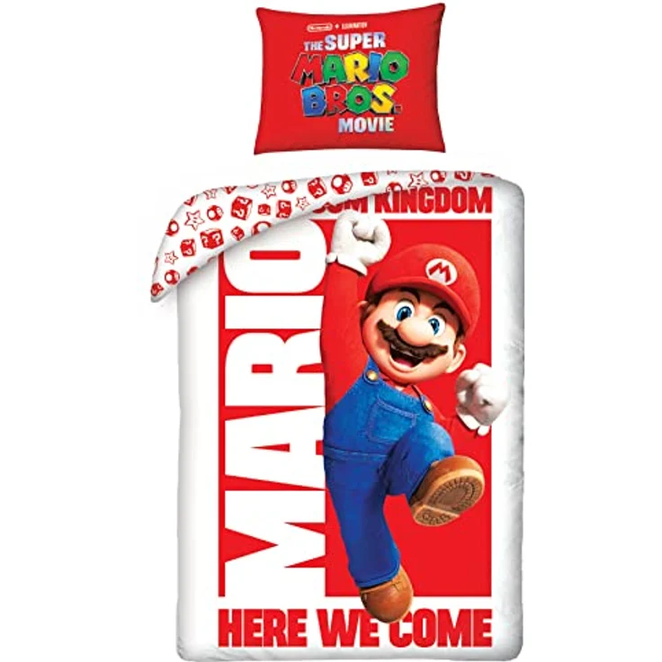 Halantex Nintendo Super Mario Bros Film Hier Kommen Wir Einzelbettbezug & Kopfkissenbezug Set - 100% Baumwolle Bettwäsche - Wendebettbezug für Kinder, Mädchen & Jungen, Rot/Weiß