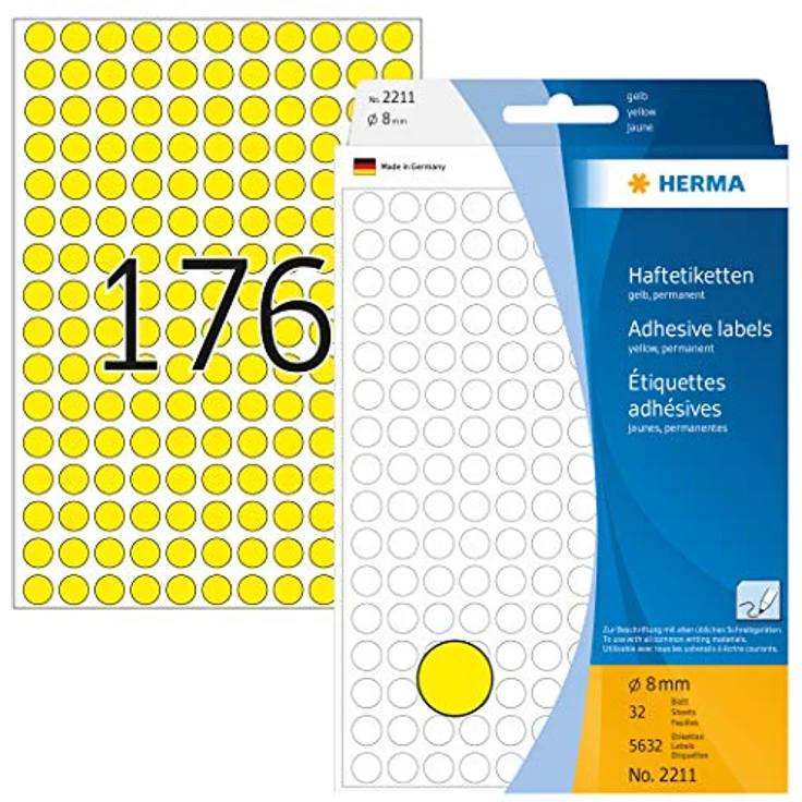 HERMA 2211 Punktaufkleber Klebepunkte gelb, 32 Blatt, Ø 8 mm, 176 pro Bogen, 5632 Aufkleber, selbstklebend, Markierungspunkte zum Beschriften, runde Farbpunkte aus Papier, blanko – Bild 1