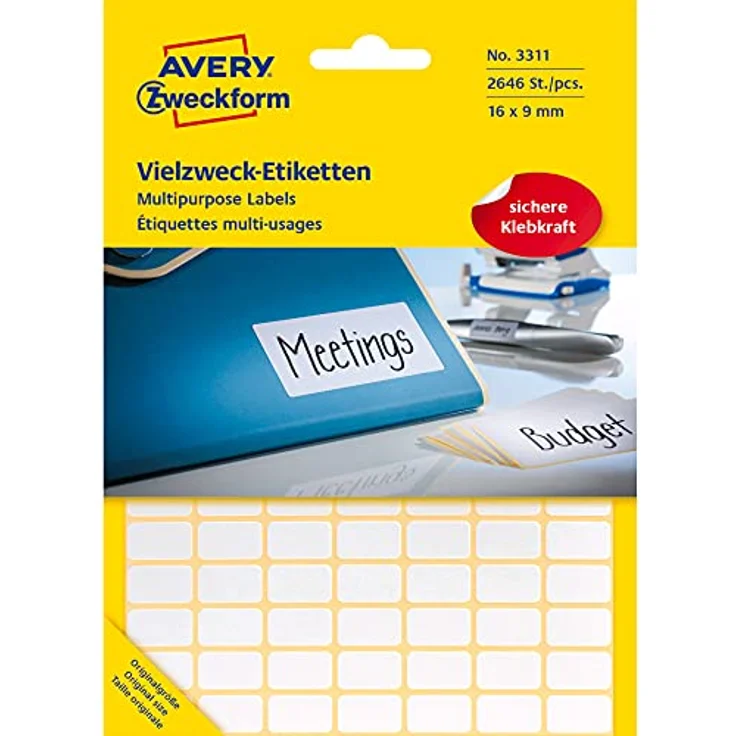 Avery Zweckform 3311 Haushaltsetiketten selbstklebend (16x9mm, 2.646 Aufkleber auf 27 Bogen, Vielzweck-Etiketten für Haushalt, Schule und Büro zum Beschriften und Kennzeichnen) blanko, weiß – Bild 1