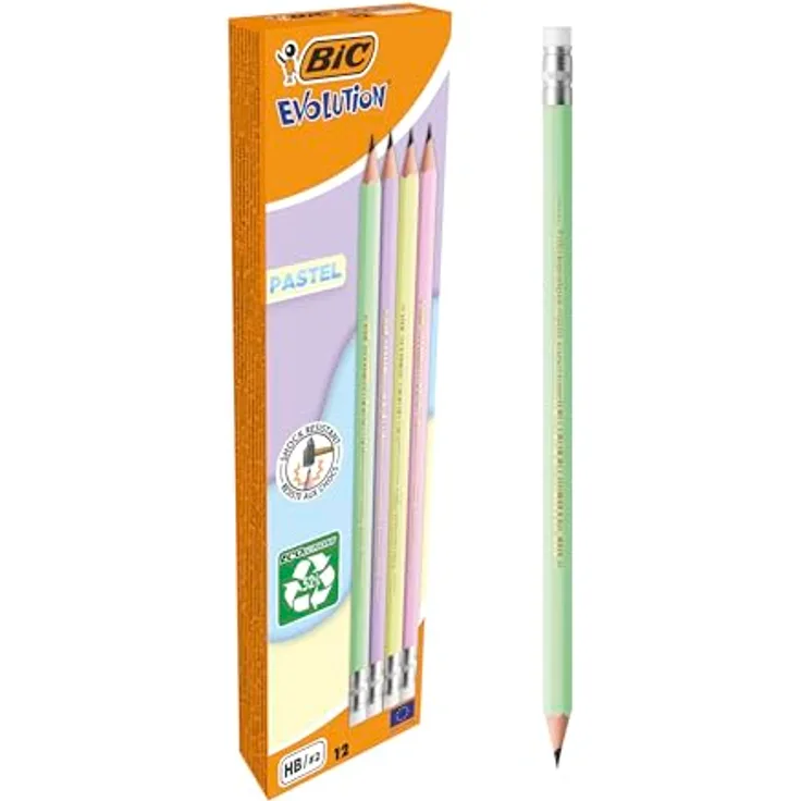 BIC Evolution Pastell Graphitstifte mit Radiergummi und stoßfester HB-Mine – 4 verschiedene Schaftfarben, 12 Stück