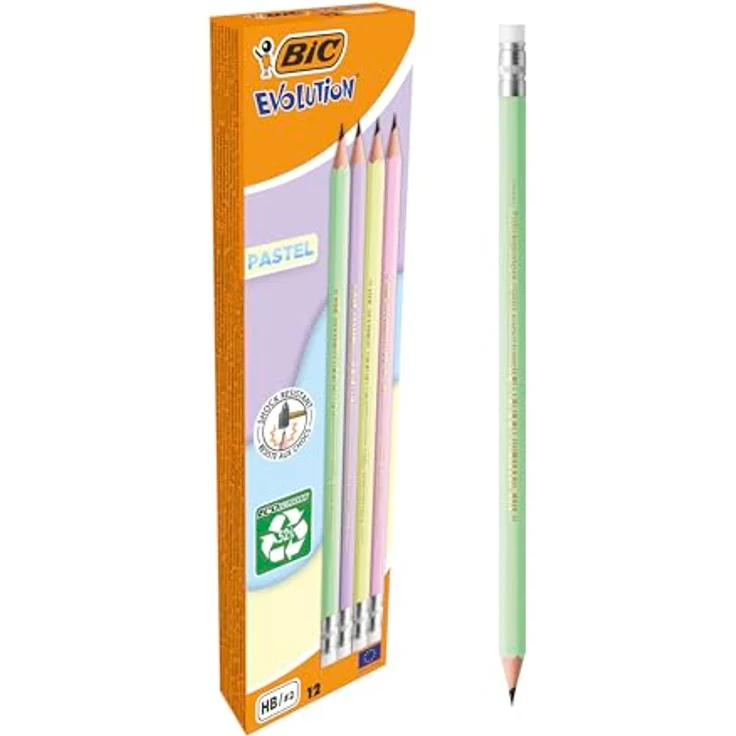 BIC Evolution Pastell Graphitstifte mit Radiergummi und stoßfester HB-Mine – 4 verschiedene Schaftfarben, 12 Stück – Bild 1