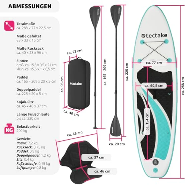 tectake SUP-Board Zenon, aufblasbares Stand-Up Paddle Board, Belastbarkeit 200 kg – Bild 6