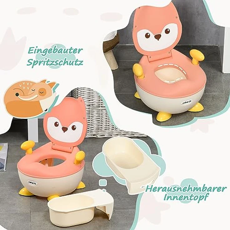 ZONEKIZ Toilettentrainer Kindertoilette Fuchs-Design, ergonomische Rückenlehne, Spritzschutz, herausnehmbarer Innentopf, für Kleinkinder von 6 Monaten bis 3 Jahre, rosa/weiß/gelb – Bild 5