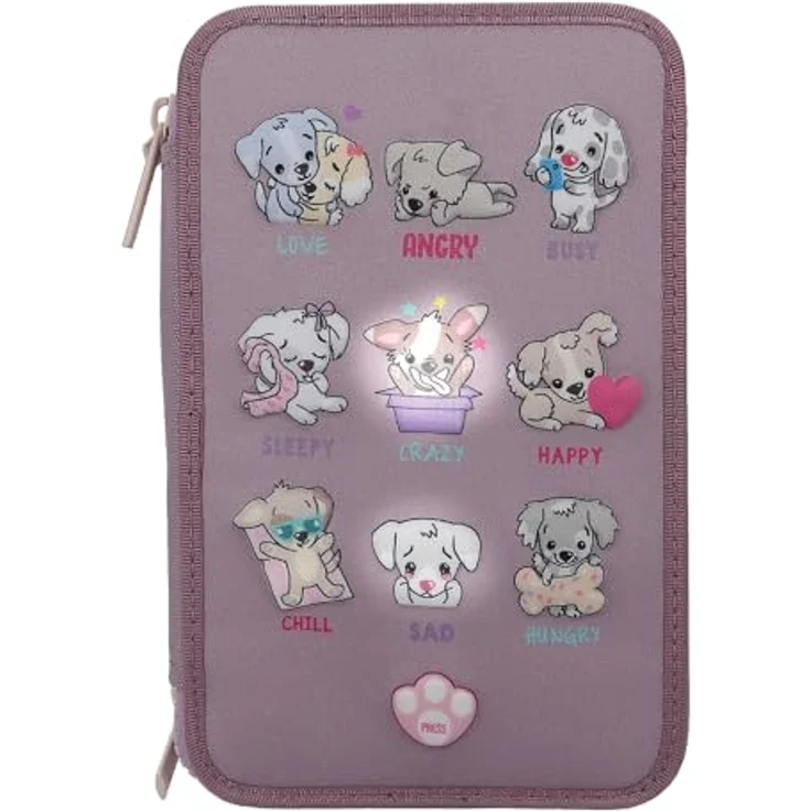 Depesche 12843 TOPModel - Gefüllte 3-Fach Federtasche in Lila, mit LED und Hunde Motiven, Federmappe mit Buntstiften, Lineal, Schere uvm. – Bild 2
