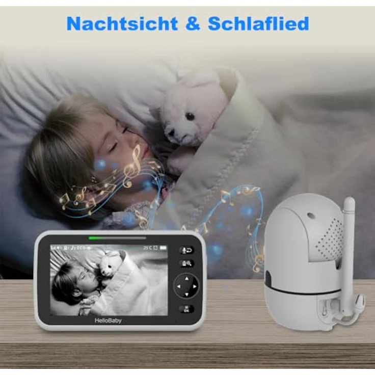 HelloBaby Video-Babyphone HB65, 5 Zoll geteilter Bildschirm, kabelgebundene Kamera, Pan-Tilt-Zoom, Nachtsicht, 2-Wege-Audio, 8 Schlaflieder, 3500 mAh – Bild 5