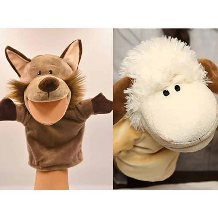 LOMTRATS Handpuppen-Set für Kinder, bestehend aus Wolf, Tiger, Löwe und Affe, mit beweglichen offenen Mündern, ideal für Geschichtenerzählen und Unterricht, ca. 25 cm groß – Bild 1