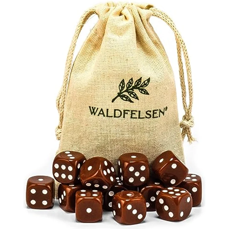 Waldfelsen 6-seitige Acrylwürfel, hochwertiges Set mit 12 Stück in Braun, inklusive Stoffbeutel, 16 mm Standardgröße – Bild 1
