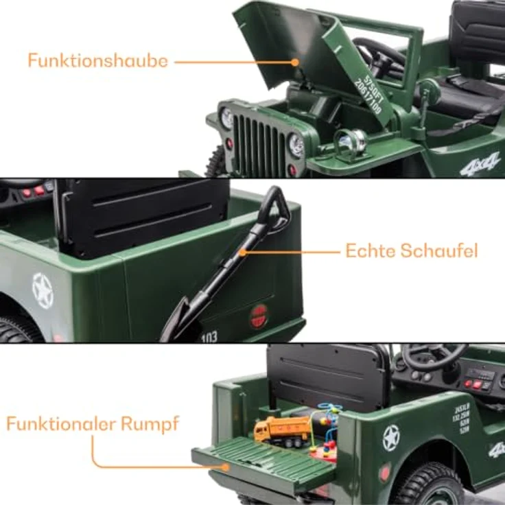 Kijana Willys Elektro-Armeeauto für Kinder 12V - Grün, mit 2 Motoren, Soft-Start-Funktion, MP3-Player und elterlicher Fernbedienung – Bild 6