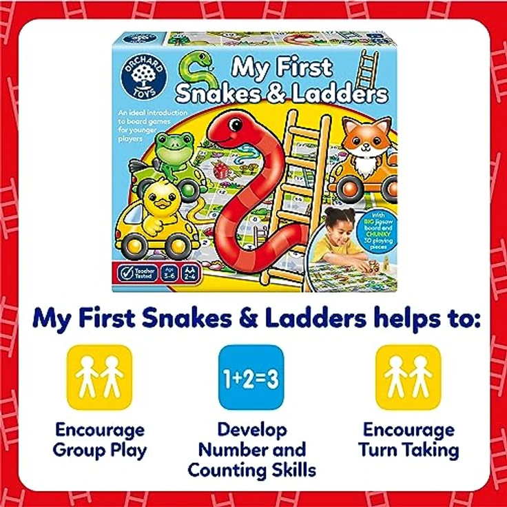 Orchard Toys My First Snakes and Ladders Game, Brettspiel für Kinder 3-6 Jahre mit extra großem Spielbrett und klobigen Spielsteinen – Bild 5