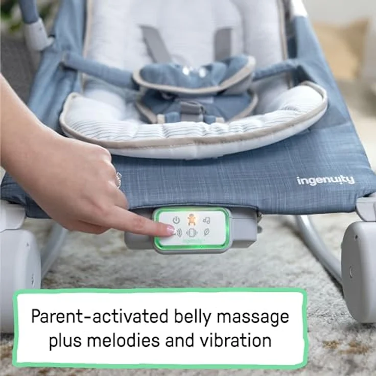 Ingenuity Happy Belly Babywippe & Babyschaukel mit Bauchmassage, Vibration, Musik & Faultier - Blau (Chambray), für 0–6 Monate – Bild 3