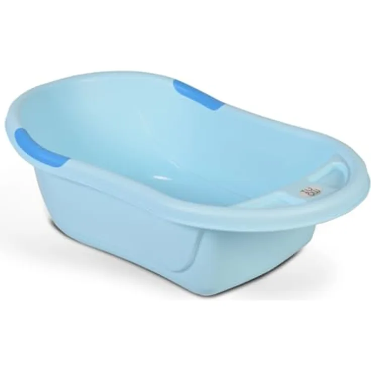 Moni Babybadewanne Lilly platzsparend mit Wasserablauf, Ablagefächer für Zubehör blau