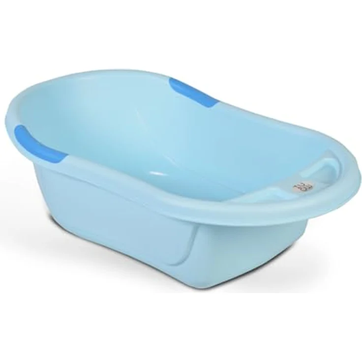 Moni Babybadewanne Lilly platzsparend mit Wasserablauf, Ablagefächer für Zubehör blau – Bild 1